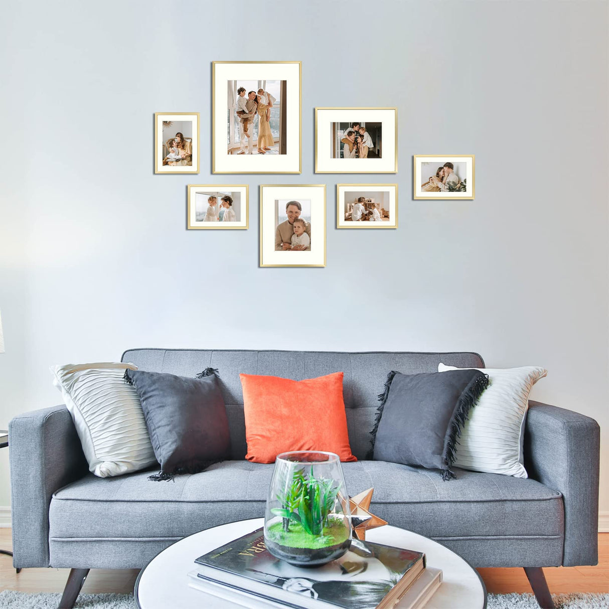 Golden State Art, 7 Pack, One 11x14, Two 8x10, and Four 5x7 Pictures. Aluminum Photos Frame for Wall or Tabletop Display (Gold) Golden State Art