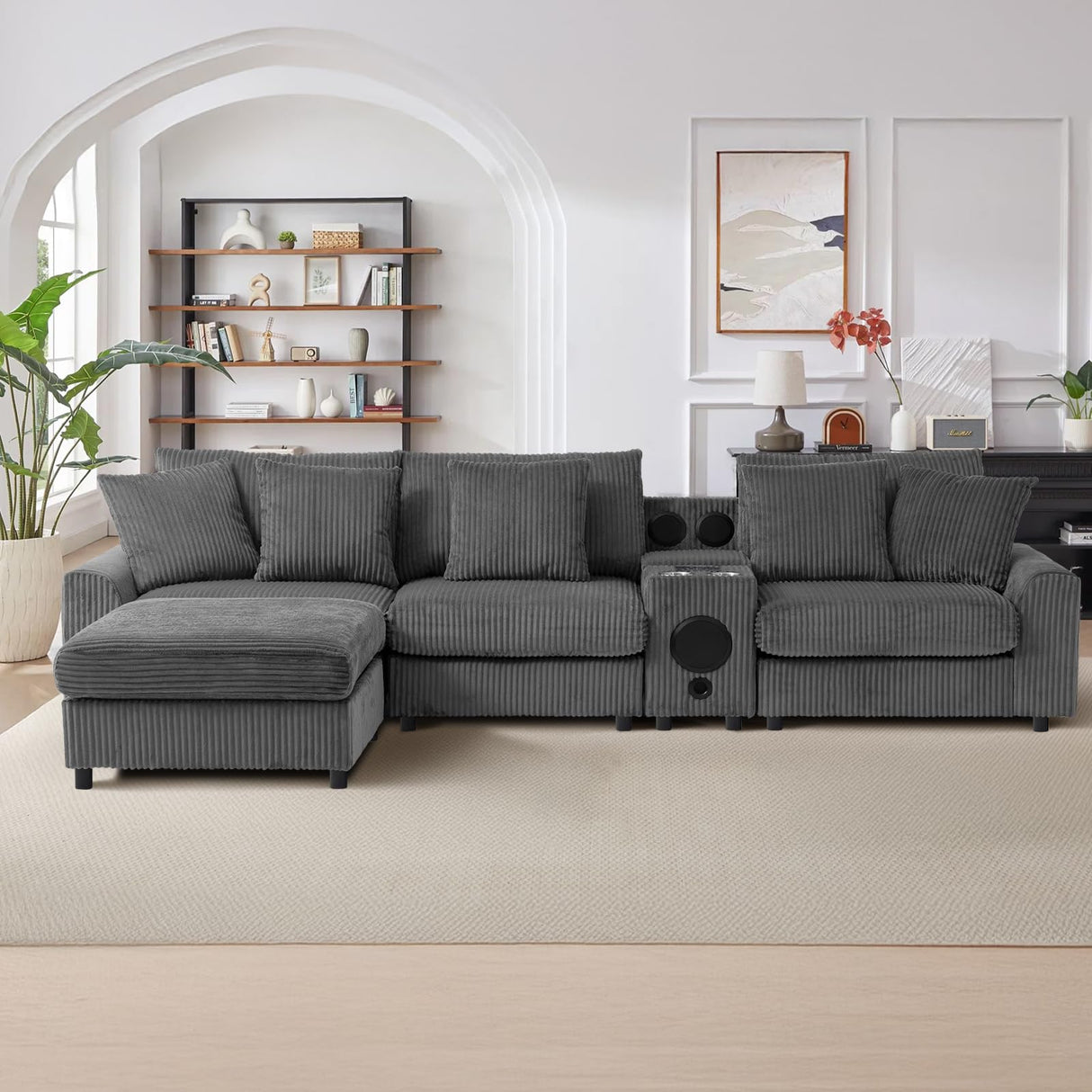 MAKIAAP 114" Corduroy Sectional Modular Couch with Bluetooth Speakers, L Shaped Couches Comfy Deep Sofa with Console, USB Charger, Cup Holders, Storage, Ottoman for Living Room (Gray, 114in) MAKIAAP