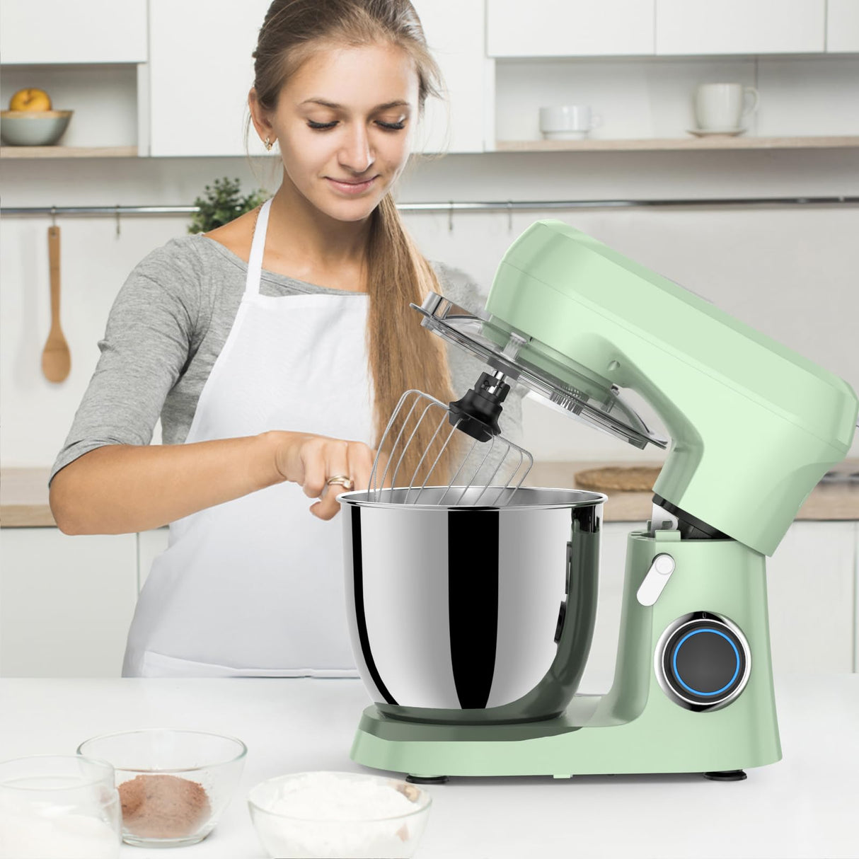ZZR SEVEN Stand Mixer, Dough Mixer, Cake Mixer, Kitchen Mixer with Bowl SS 5.5 QT, 450W Copper Motor, Standing Mixer with Beater, Dough Hook, SS Egg Whisk (450W Green) ZZR SEVEN