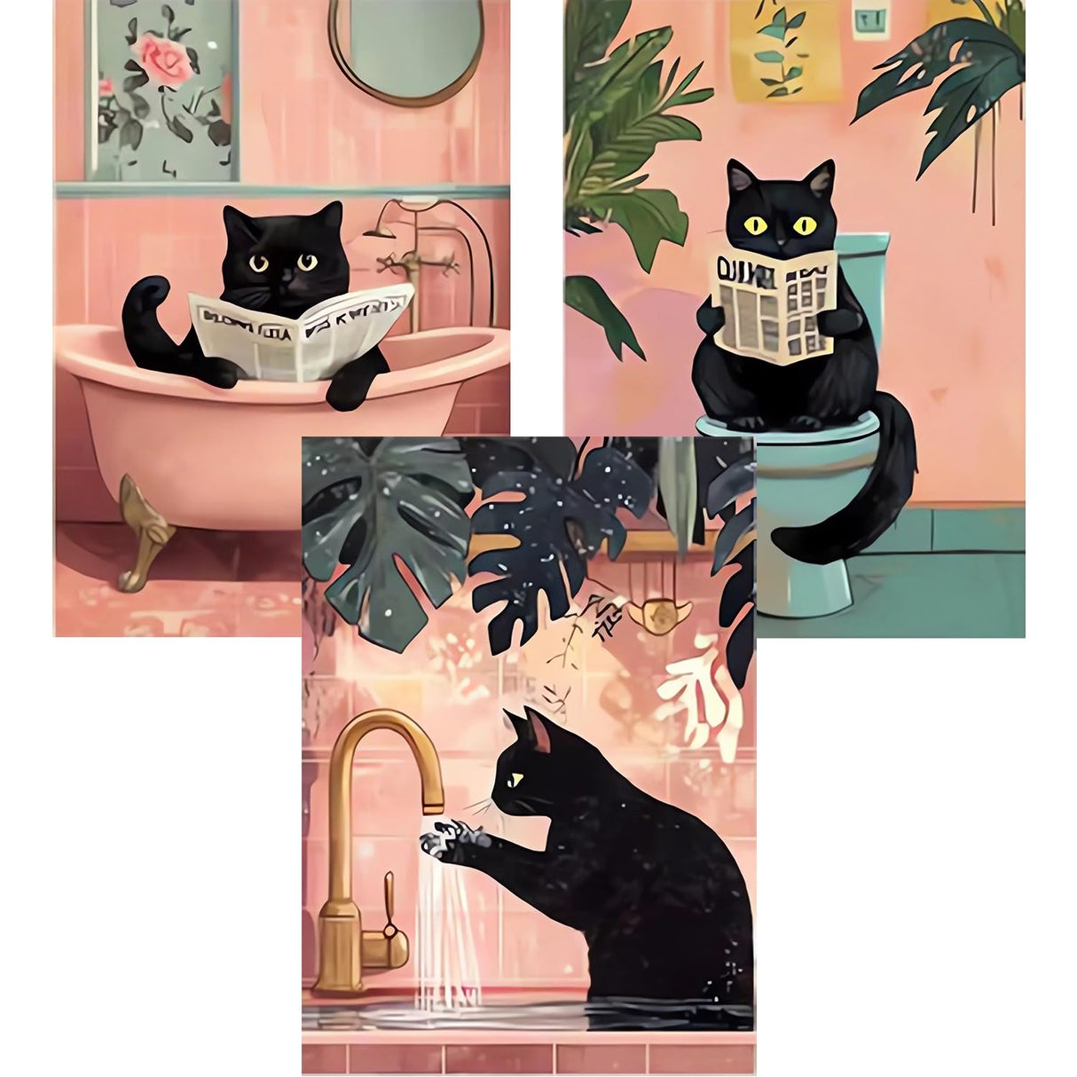 EIBEILI 3 Pack Black Cat Diamond Art Kits for Adults, Cat Diamond Painting Kits DIY 5D Full Drill Diamond Dot Gem Art Kit for Adults Wall Home Decor Arts Craft 12x16 inch EIBEILI