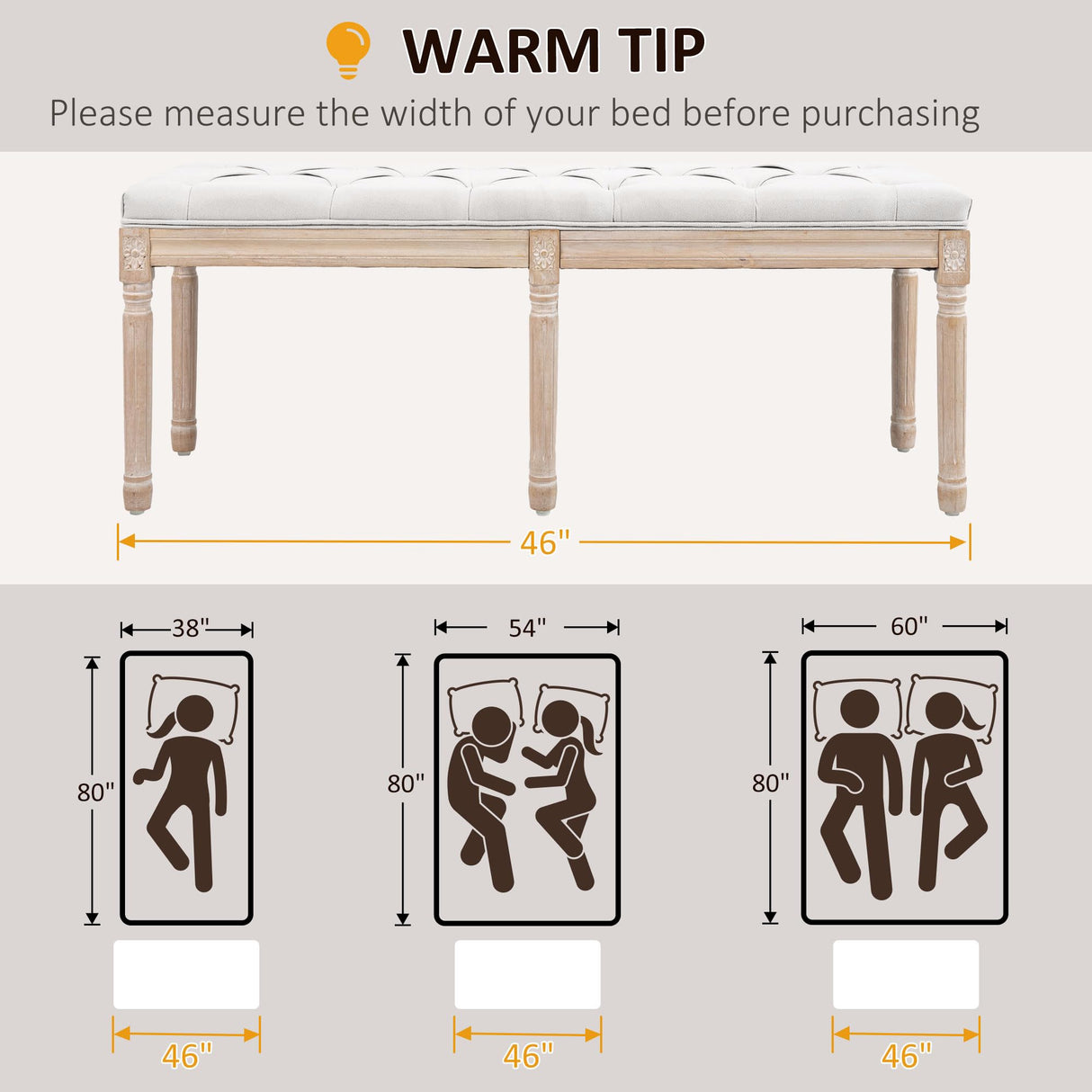 HOMCOM Bedroom End of Bed Bench, 46" Upholstered Entryway Bench with Button Tufted, Thick Padding and Wood Legs, French Vintage Style Linen-Feel Ottoman Bench for Hallway, Living Room, Cream White HOMCOM