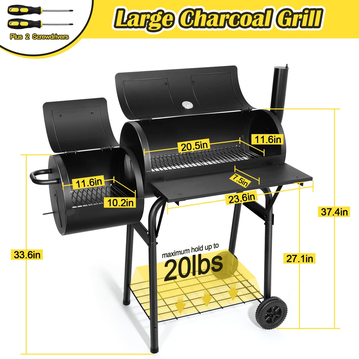 Barrel Charcoal Grill with Offset Smoker, HaSteeL Outdoor BBQ Grill Set of 15, Large Camping Grill for Patio Backyard Garden Smoking Barbecue, Grill Cover, Spatula, Tong, Brush, Fork, Carrying Bag HaSteeL