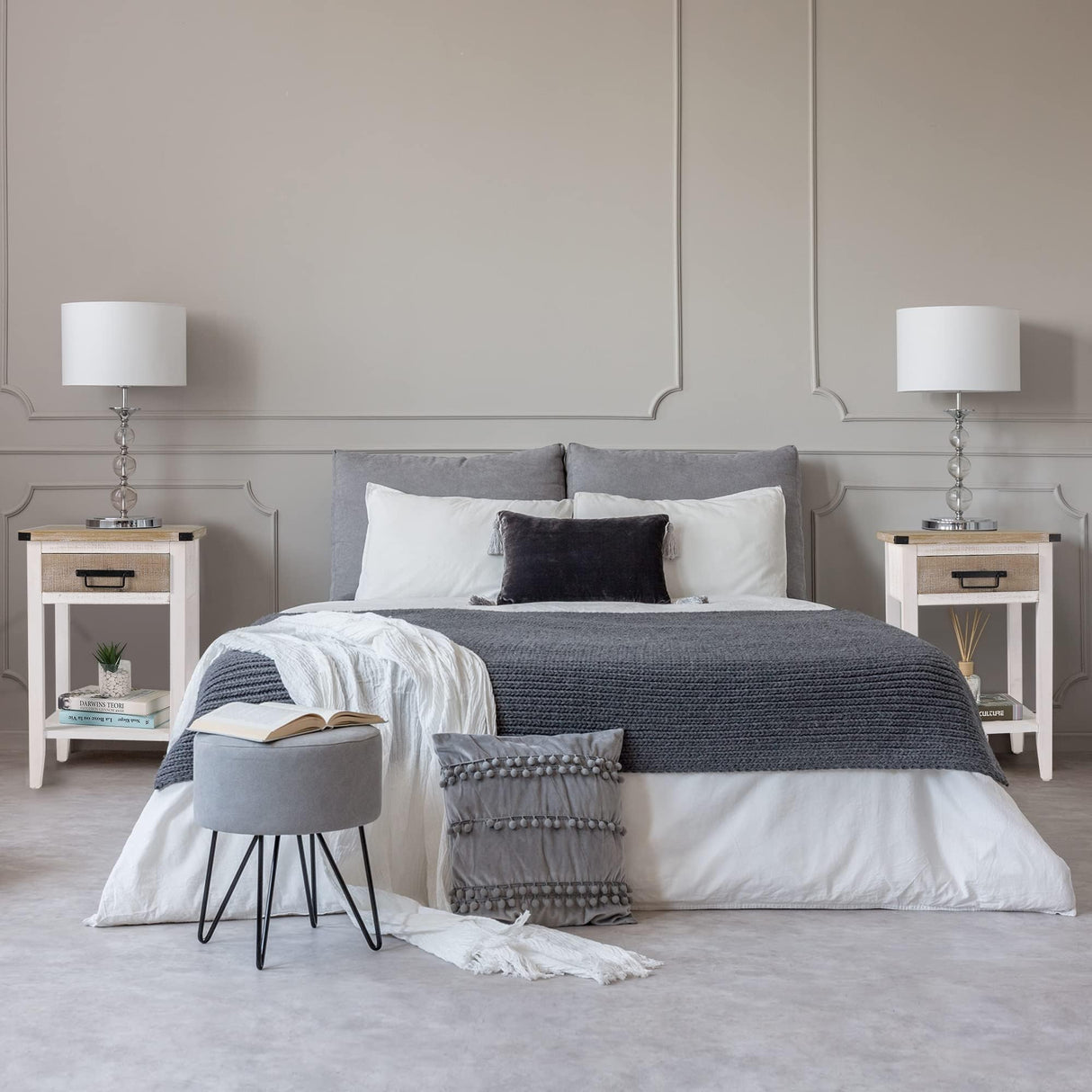 RUSTOWN Farmhouse Bedside Table Set of 2, Rustic Nightstand with Drawers and Open Shelf, Side Table End Tables for Bedroom/Living Room/Lounge (Vintage White) RUSTOWN