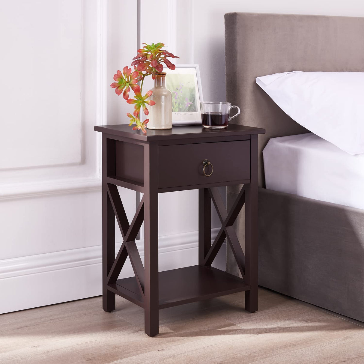 Naomi Home Eily Small Night Stand, Bedside Table with Drawers and Shelf, Sleek Bedroom Nightstand with X-Design for Small Spaces, Offices, Living Rooms - Espresso Naomi Home