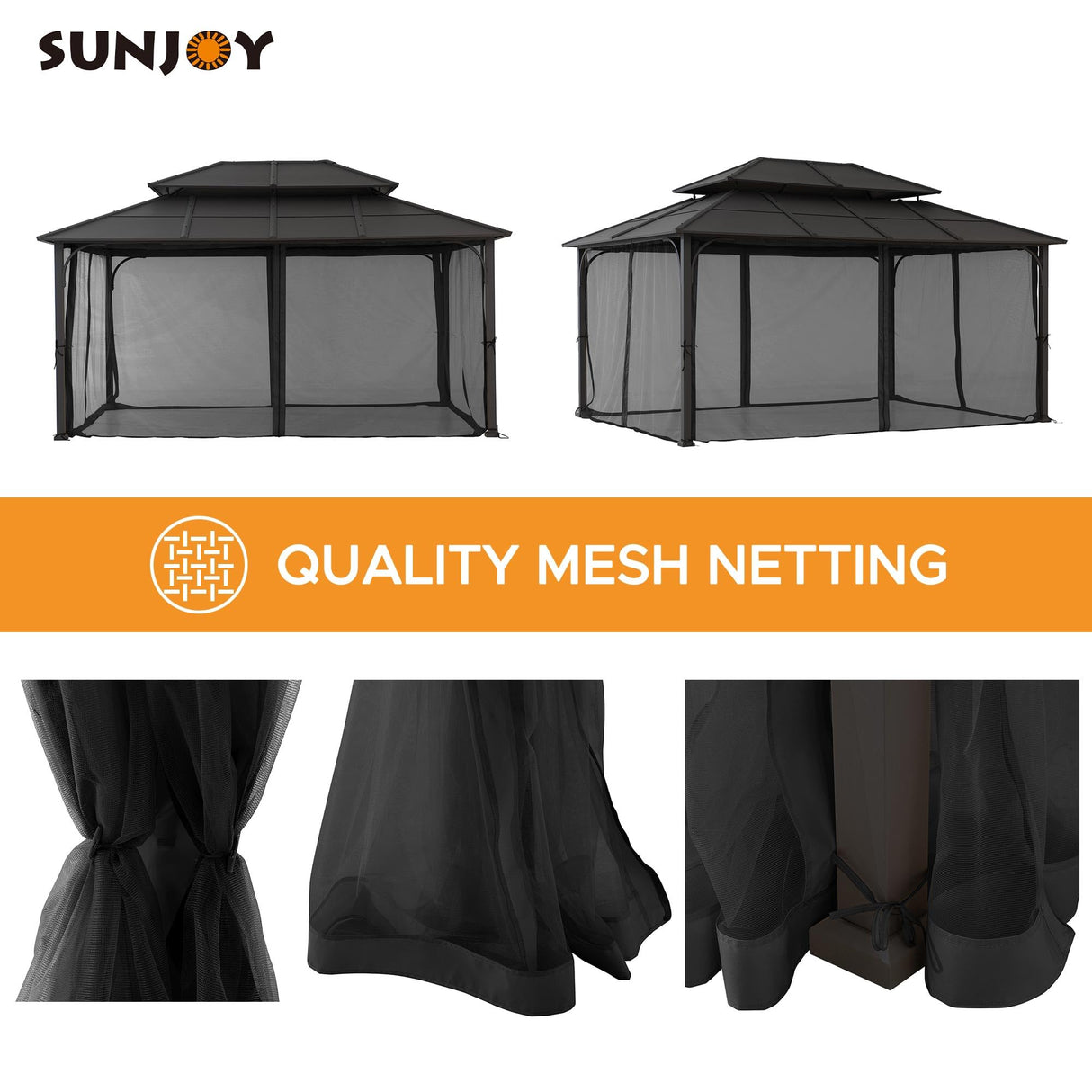 Sunjoy Hardtop Gazebo 12 x 16 ft. Outdoor Gazebo, Heavy Duty Steel Frame Gazebo, Double Tiered Metal Gazebo with Ceiling Hook and Removable Netting Sidewalls, Brown Sunjoy