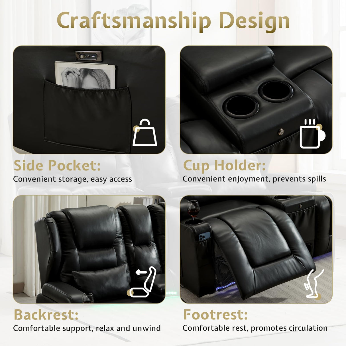 SAMERY Power Loveseat Recliner Sofa Set, Faux Leather Reclining Loveseat Sofa RV Couch Living Room Furniture Set with Console, Bluetooth Speakers, LED Light, USB, Cup Holders (Black 2 Seater) SAMERY