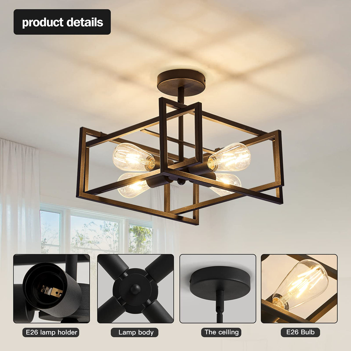 ZGLAOJT 4-Lights Close to Ceiling Light,Black Light Fixture Industrial Flush Mount Ceiling Light ,Farmhouse Chandelier Lighting for Kitchen Island Dining Room Bedroom Foyer Hallway ZGLAOJT