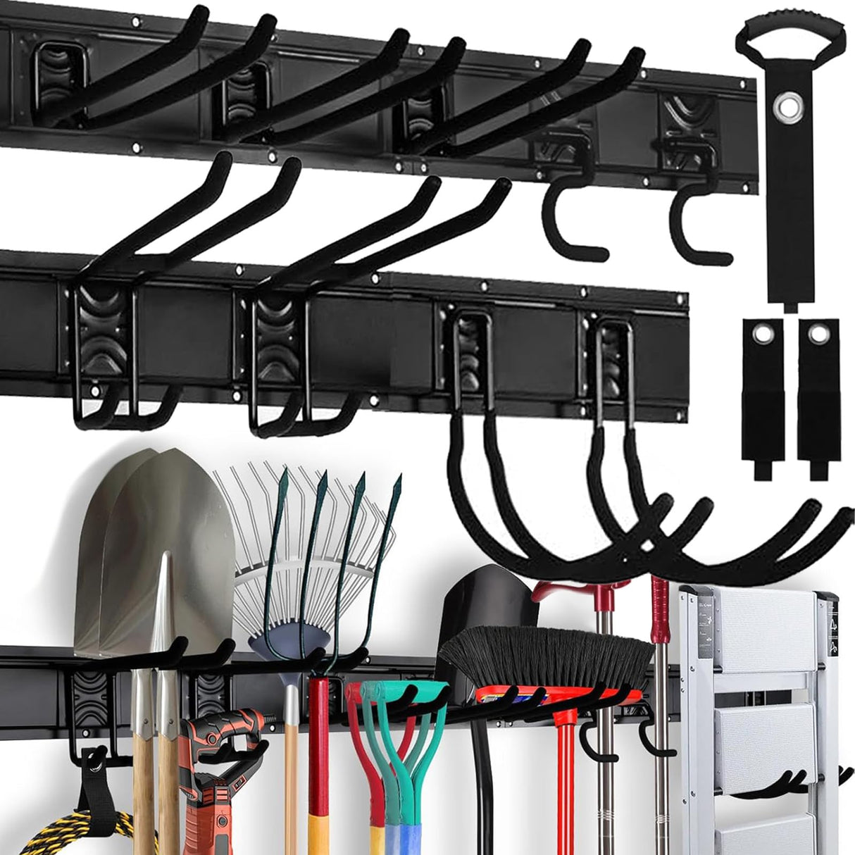 64" Heavy Duty Garage Storage Tool Organizer Wall Mount - Tool Rack with Adjustable Hooks, Anti-Rust, 300lbs Capacity - Easy Installation (4 Racks, 10 Hooks, 3 Straps) SEDY