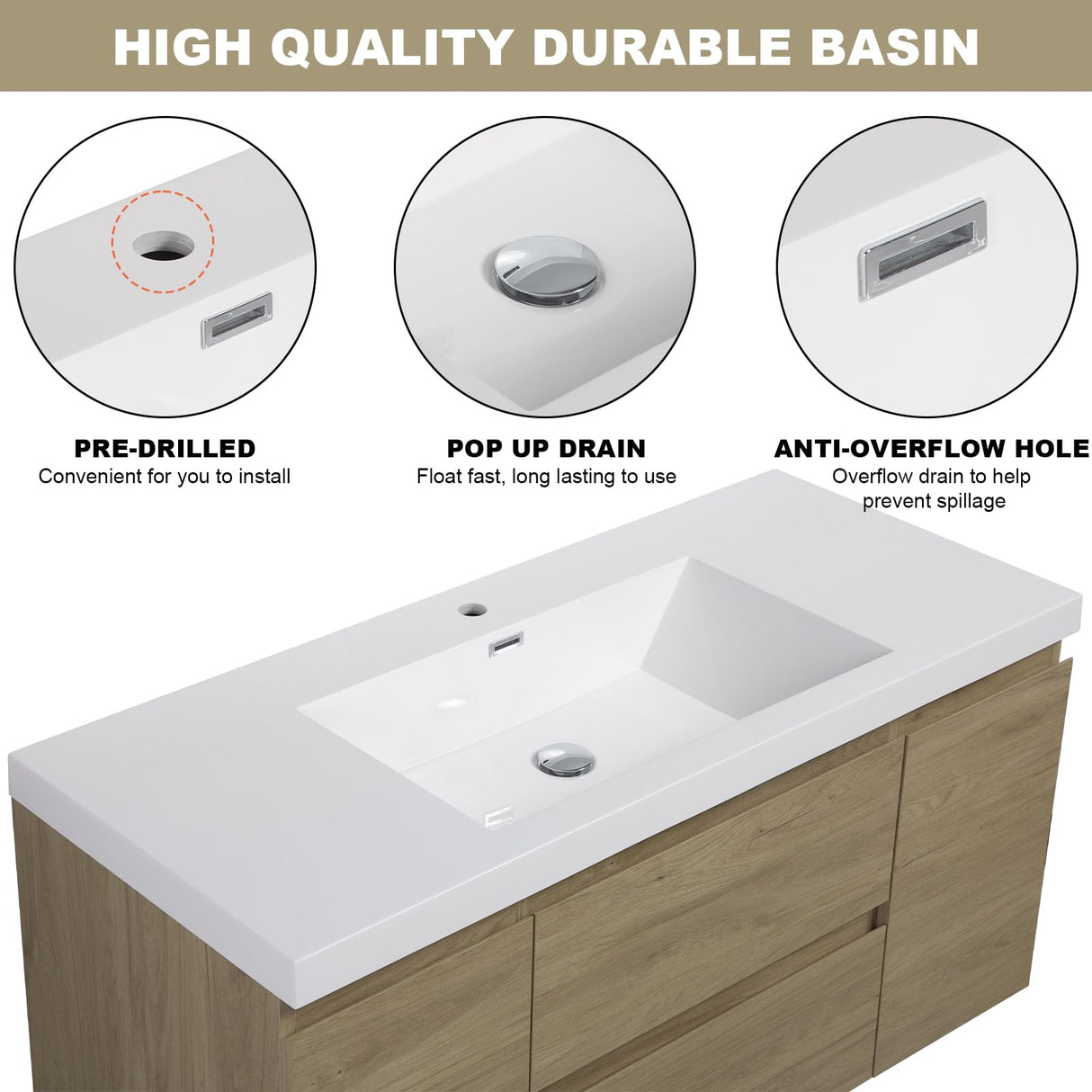 Floating Vanity Bathroom, 48 Inch Bathroom Vanity with Sink, Wall Mounted Single Sink Bathroom Vanity, Soft Closed 2 Drawers, Integrated Sink (Natural Oak) VUMALL