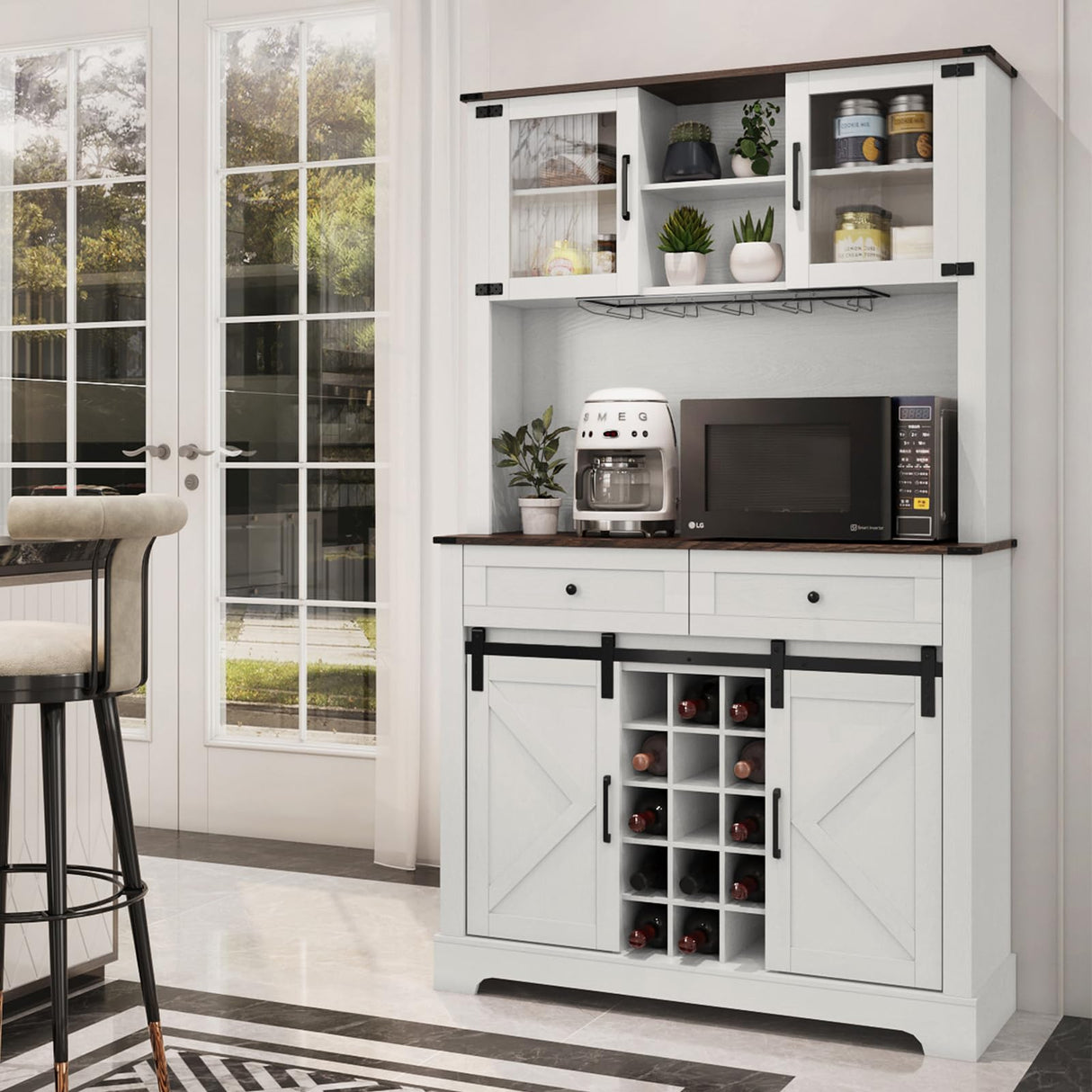 ARTPOWER Wine Bar Cabinet with Sliding Barn Door, 72" Hutch Cabinet with Wine&Glasses Rack, Tall Farmhouse Kitchen Pantry Buffet with Drawers for Dining Room, White ARTPOWER