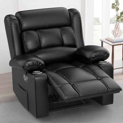 IROSTAE Recliner Chair for Adults, Oversized PU Leather Manual Pull Tab Reclining Chair with Cup Holders, Minimalist Style Single Sofa for Living Room, RV (Black)