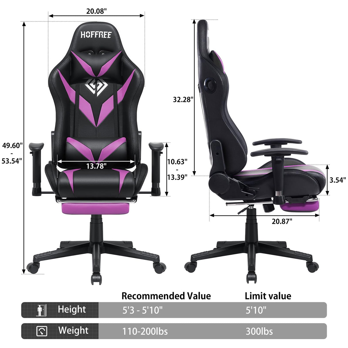 HOFFREE Gaming Chair with Bluetooth Speakers and Led Lights Massage Vide Game Chairs with Footrest Reclining Computer Gamer Chair Purple and Black HOFFREE