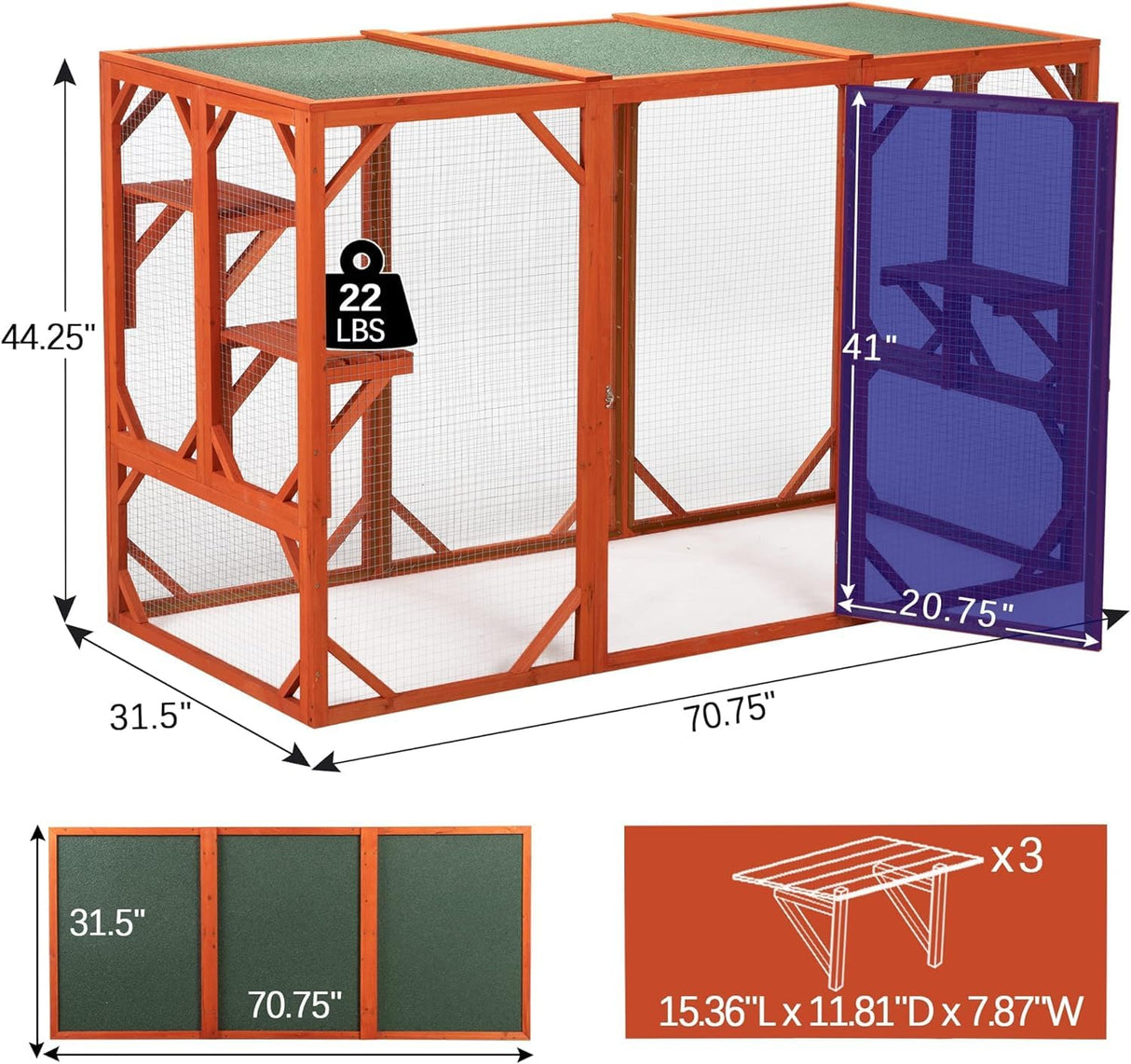 COZIVVOVV Outdoor Cat Enclosures, Large Cat Cages Indoor Large with 3 Platforms, Wooden Cat Crates for Outside, Weatherproof Cat House & Cat Condo with Asphalt Roof, Orange COZIVVOVV