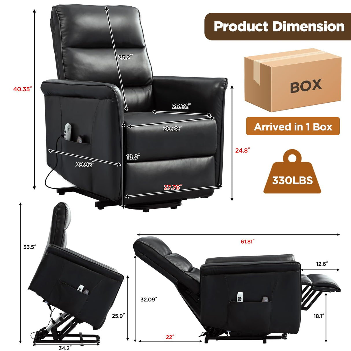 MANBUR Power Lift Recliner for Elderly with Vibration Massage and Lumbar Heat, Electric PU Leather Lift Chair, Adjustable Reclining Chair with Side Pockets,LED Light,USB Port for Small Space(Black) MANBUR