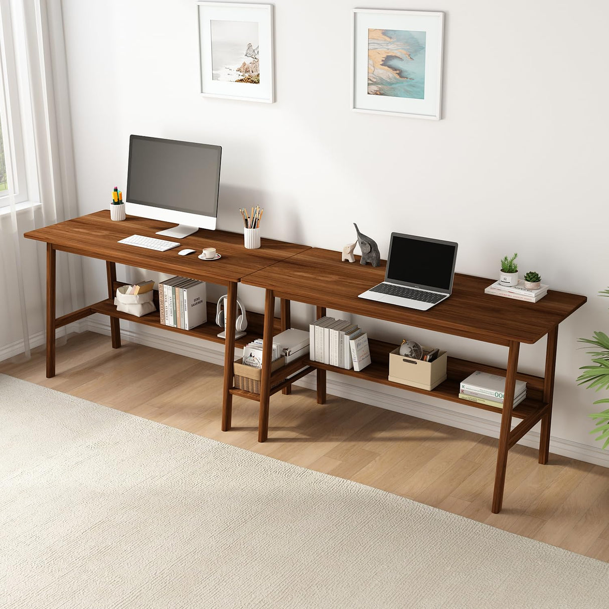 NELYE 2-Person Writing Desk with Bookshelf - 110" Wooden Extra Long Home Office Work Table, Double Study Computer Workstation with Storage Shelves in Walnut, 110" W x 24" D NELYE