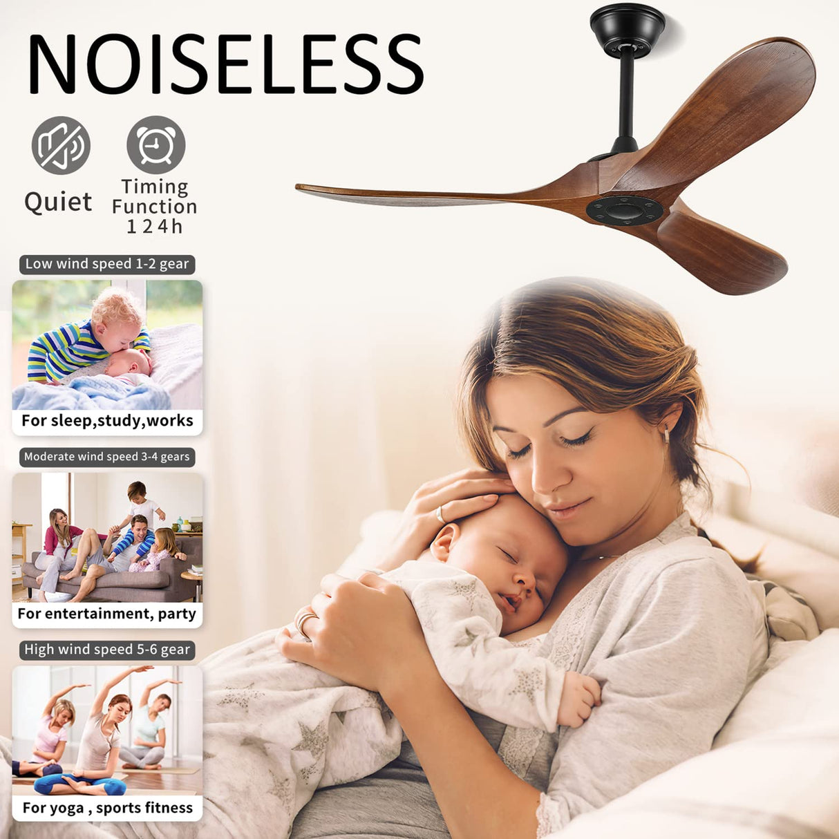 BOOSANT 52" Ceiling Fans Without Lights, Solid Wood Ceiling Fan with Remote Control and DC Motor, Ceiling Fan no Light with 3 Blades, Indoor Outdoor Ceiling Fans for Patios, Bedroom- Dark Walnut BOOSANT