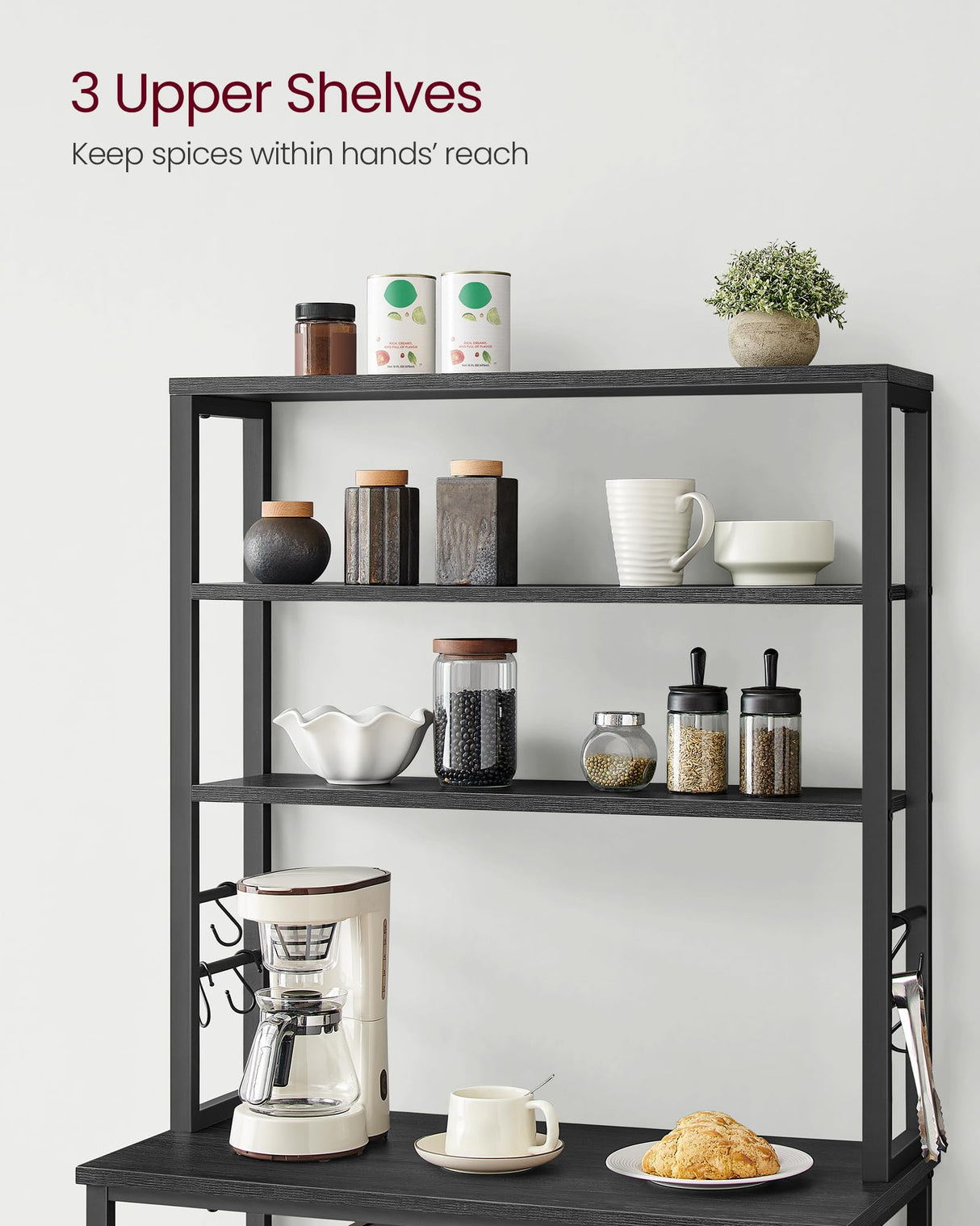 VASAGLE Coffee Bar, 31.5 Inches Baker's Rack for Kitchen with Storage, 6-Tier Kitchen Shelves with 6 Hooks, Microwave Stand, Industrial, Charcoal Gray and Black UKKS019B22 VASAGLE