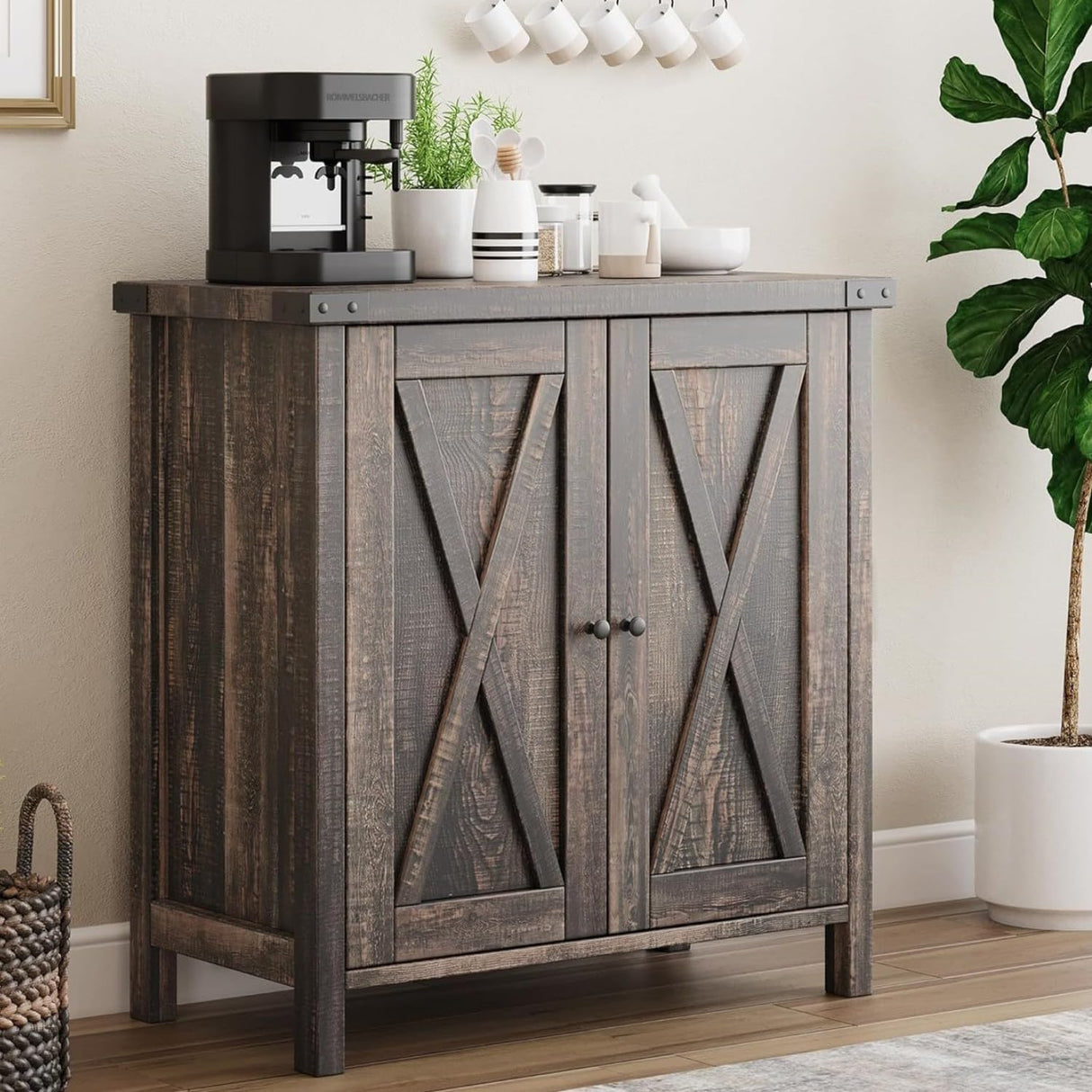 GarveeHome Farmhouse Sideboard Buffet Cabinet with Storage,Small Coffee Bar, Kitchen Storage Cabinet with Adjustable Shelf and 2 Barn Doors,for Living Room, Dining Room,Entryway,Rustic Oak GarveeHome