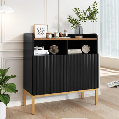 ARTPOWER Storage Cabinet with Fluted Doors and Shelves, Modern Rustic Industrial Sideboard Buffet Cabinet with Metal Legs, Accent Credenza Console for Kitchen Dining Room, Living Room, Entryway, Black