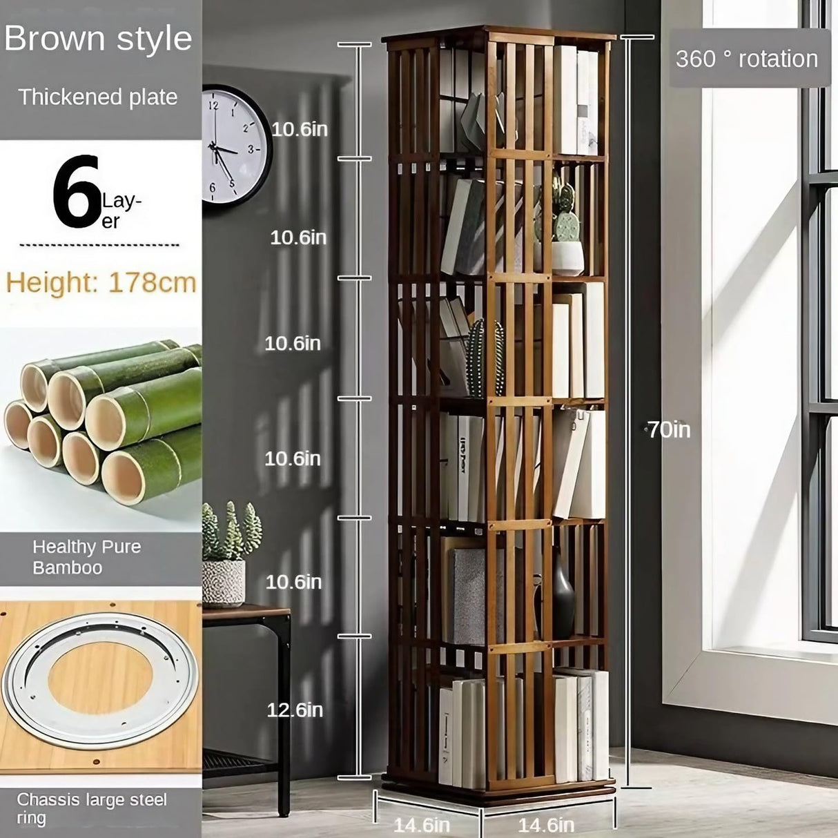 NDDKSII 360° Space-Saving Rotating Bookshelf Tower with 6 Tiers - Multi-Compartment Storage for Home and Office NDDKSII