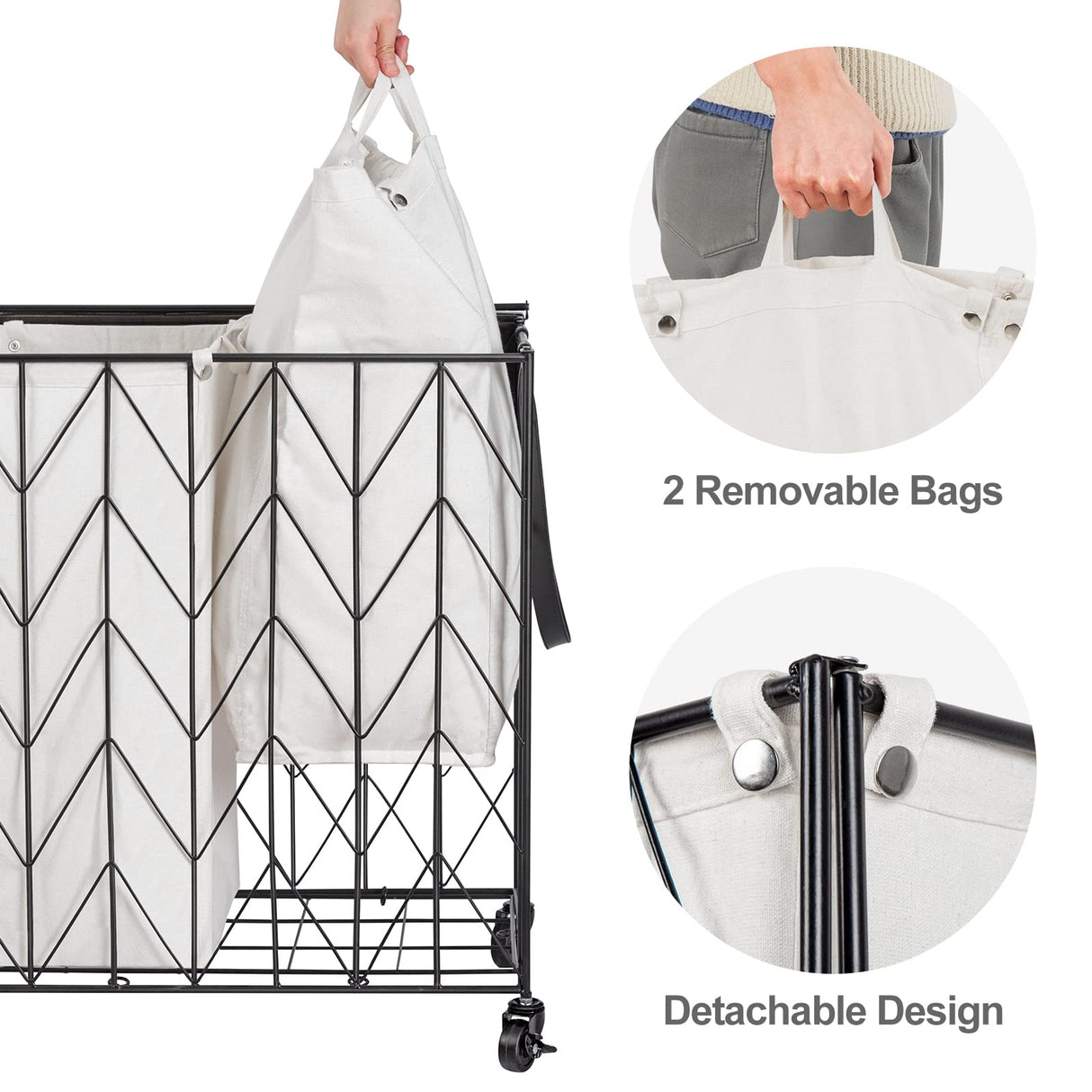 WOWLIVE Laundry Basket with Wheels, Heavy Duty Laundry Hamper with Wood Lid, Clothes Hamper with Divided Removable Liner Bag, Large Capacity Iron-Made Laundry Sorter Laundry Room Organization (Beige) WOWLIVE