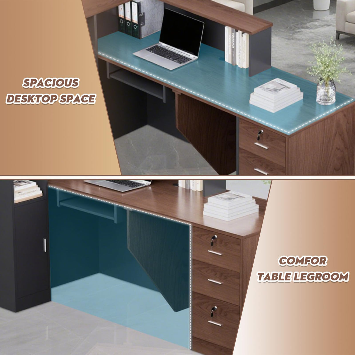L-Shaped Large Wooden Reception Desk, Modern Front Desk Reception Counter with Lockable Drawers & Storage & Keyboard Tray, for Checkout, Lobby (Right-Walnut/Black, 71''L x 42''W x 41''H) Yorkgargen