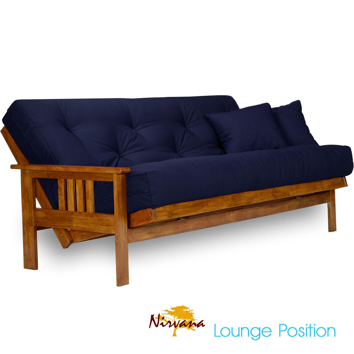 Nirvana Futons Stanford Futon Set - Queen Size Futon Frame with Mattress Included (8 Inch Thick Mattress, Twill Navy Blue Color), Heavy Duty Wood, Popular Sofa Bed Choice Nirvana Futons