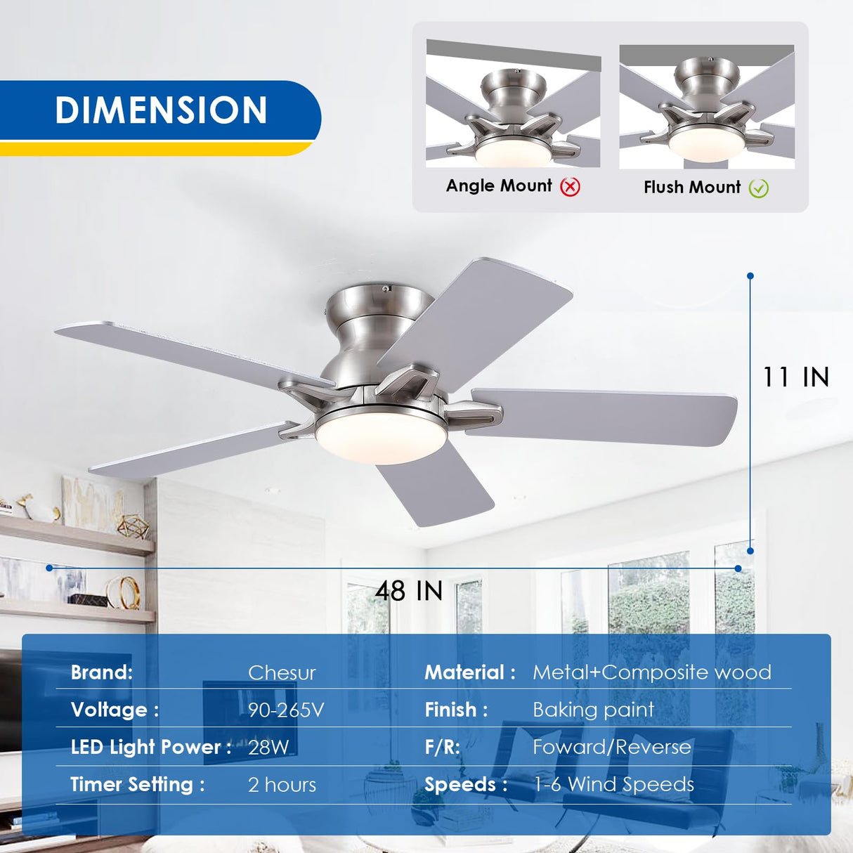 CHESUR Flush Mount Ceiling Fans with Lights Remote/APP Control, Modern Ceiling Fan Light with Timer Setting and Silent Motor, Low Porfile Reversible Fan Light for Indoor/Outdoor Use CHESUR
