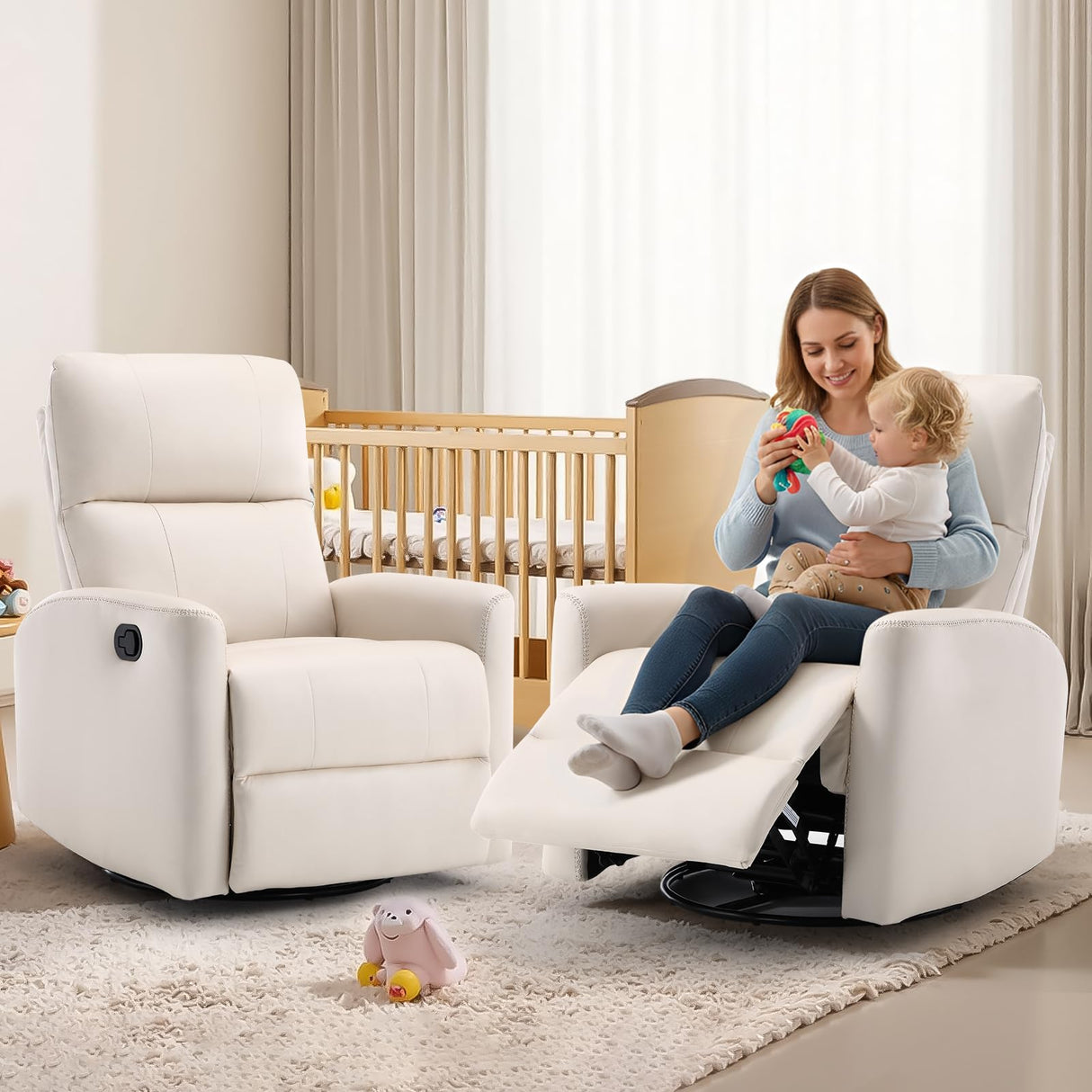 HAOMARKETS Swivel Rocker Recliner Chair, Manual Faux Leather Glider Rocking Recliners for Adults, 360° Swivel Nursery Reclining Sofa with Padded Backrest for Living Room, White HAOMARKETS