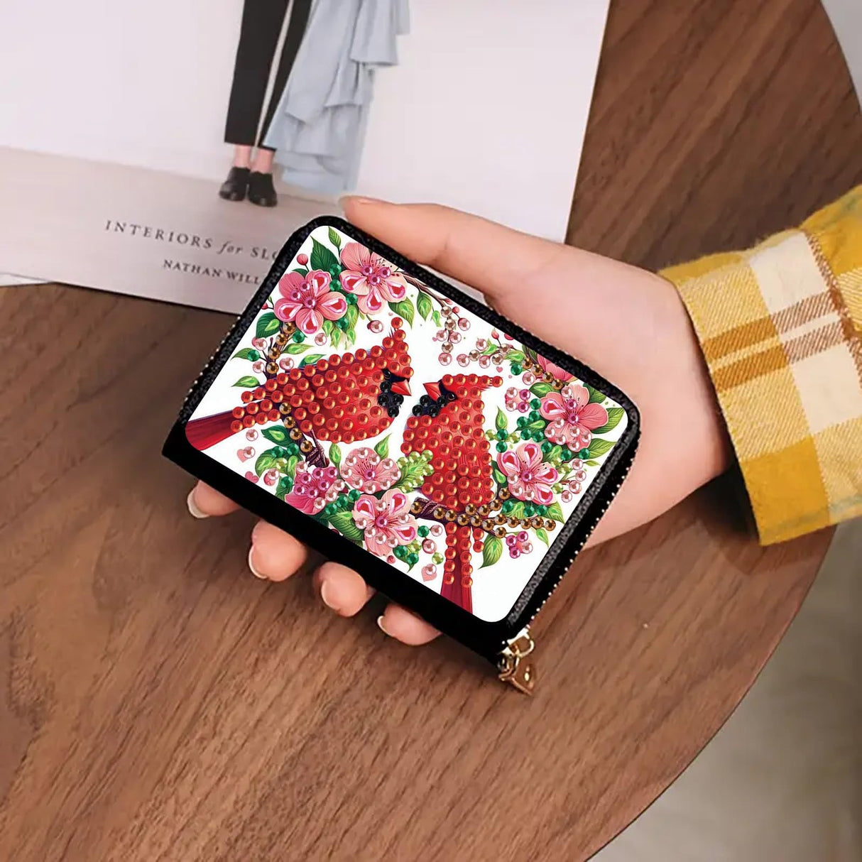 DoxQcs Mini Anti-demagnetization Coin Card Holder, DIY Diamond Art Painting Leather Zipper Card Case Wallet-Cardinal DoxQcs