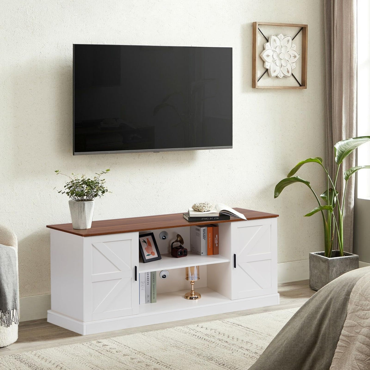 HollyHOME TV Stand for TVs up to 65”, Wood Entertainment Center with Adjustable Storage Shelves, Media TV Console Table for Living Room and Bedroom, White HollyHOME