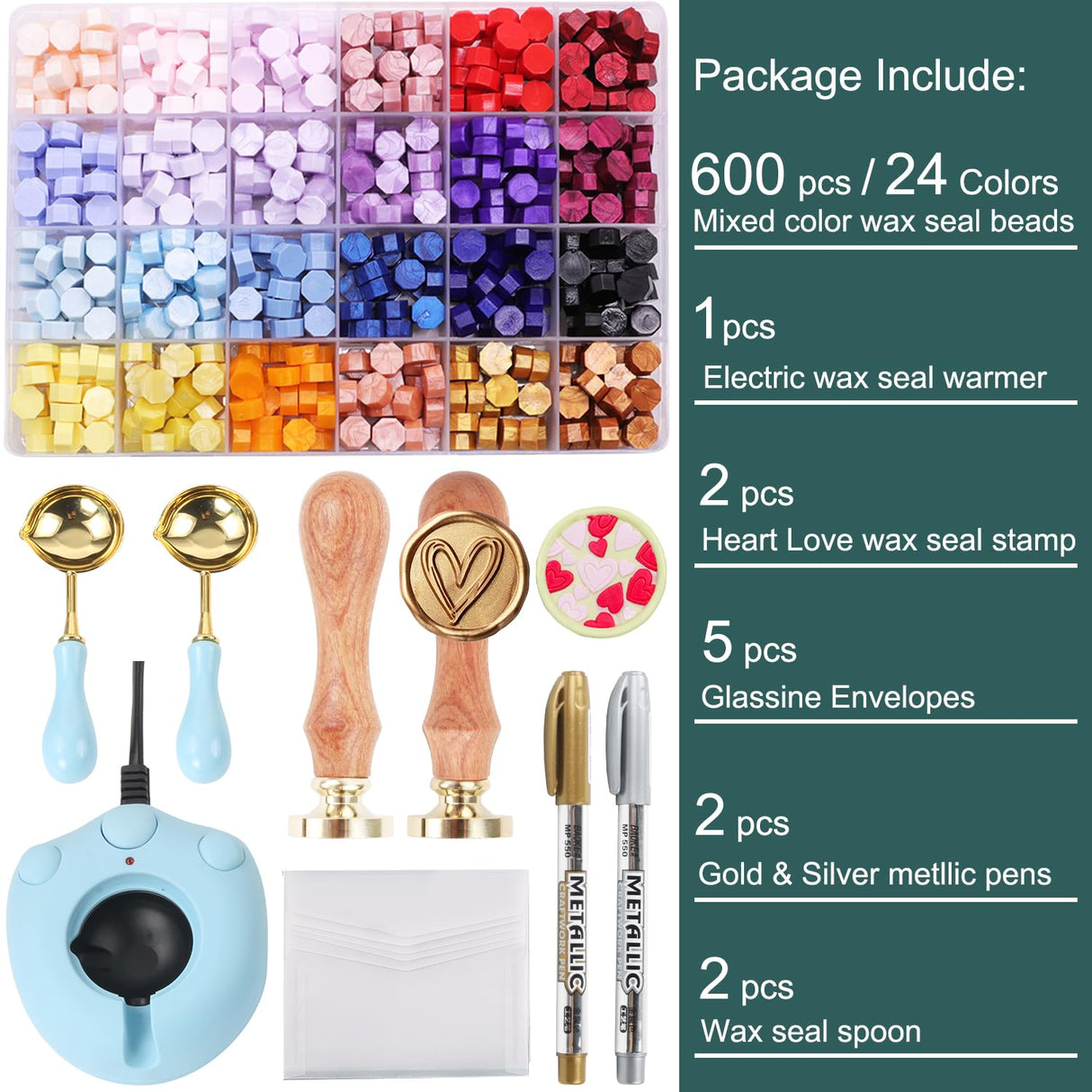 WASOHLING Wax Seal Kit - 24 Color Wax Beads (600pcs), Love Heart Stamps, Electric Warmer, Metallic Pen, Envelopes Sealing Kit for Wedding Invitations WASOHLING
