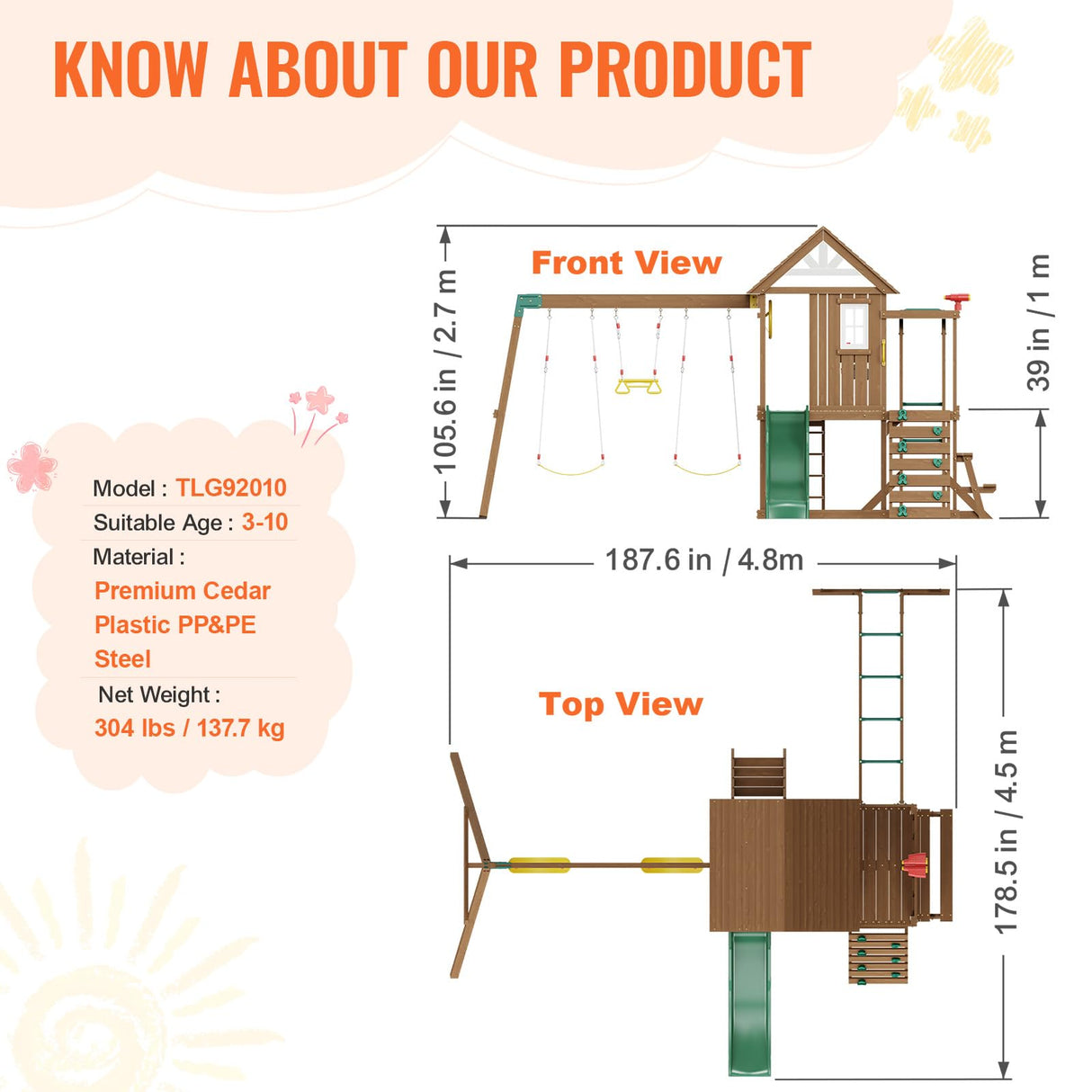 VEVOR Wooden Swing Set, 10 in 1 Playground Sets for Backyards, 2 Swings, 6FT Slide, Trapeze Bar, Flat Step Ladder,Large Upper Fort with Kitchen Toys, Rock Wall, Picnic Table, Sandbox, Scaling Ladder VEVOR