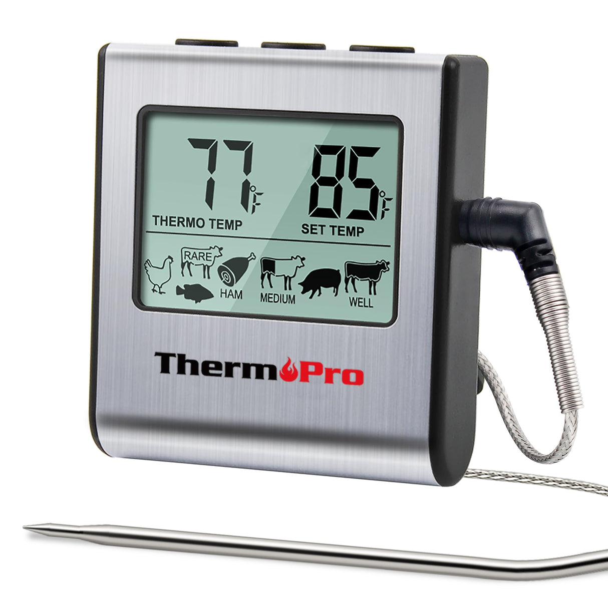 ThermoPro TP16 Large LCD Digital Cooking Food Meat Thermometer for Smoker Oven Kitchen BBQ Grill Thermometer Clock Timer with Stainless Steel Temperature Probe ThermoPro