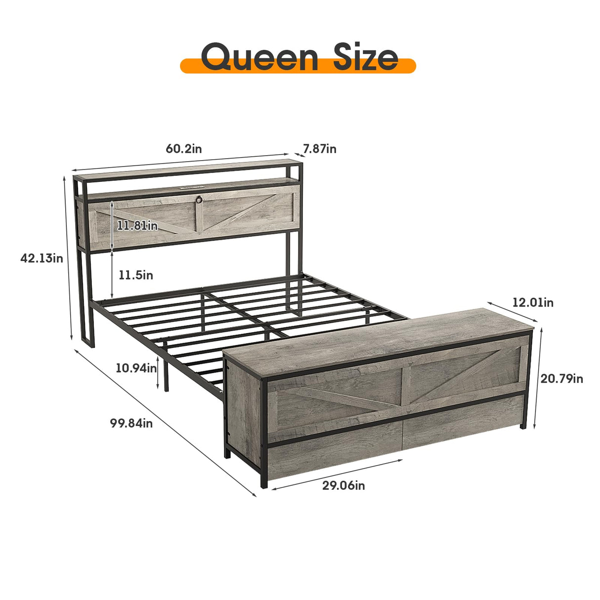 Fameill Queen Size Bed Frame with Storage Ottoman and 2 Drawers, Farmhouse Metal Platform Bed with Headboard, LED Lights and Charging Station, No Box Spring Needed, Noise Free, Gray Fameill