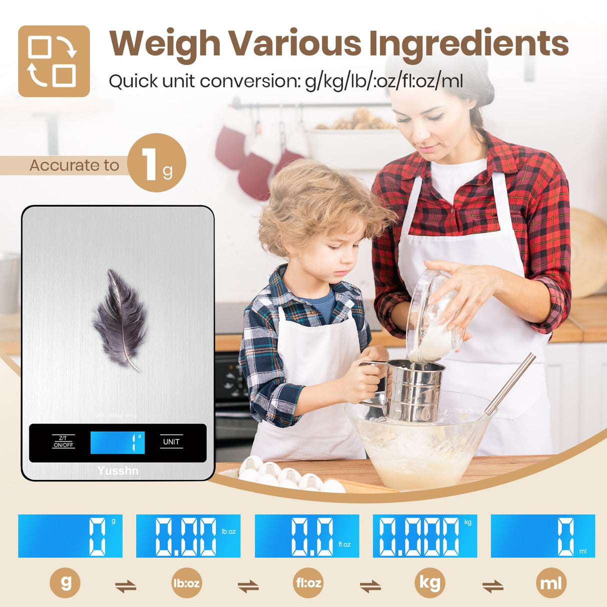 Yusshn Digital Kitchen Scale - Precision Food Scale for Cooking & Baking (1g/0.05oz Accuracy) - Waterproof Stainless Steel with LCD Display, Batteries Included - Weight in Grams & oz (Ash Silver) Yusshn