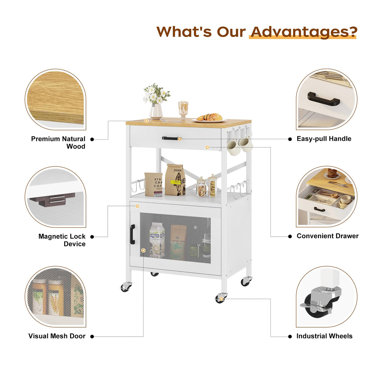 Homeiju Kitchen Island Cart, Kitchen Storage Cart with Drawer, Microwaves Stand, Coffee Cart, Rolling Kitchen Cabinet Cart with Hooks for Kitchen, Dining Room, White Homeiju