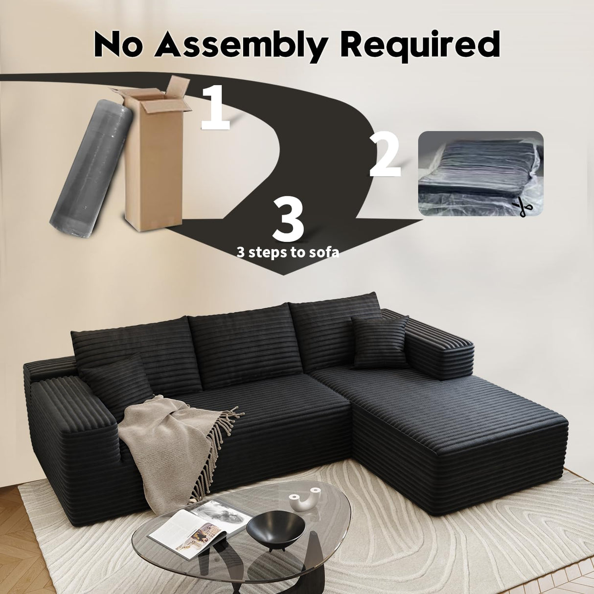 107.5" Cloud Sectional Couch with L-Shape Chaise,Modern Modular Sofa with Deep Seat, Upholstered Couches for Living Room Bedroom Apartments,No Assembly Required, (Black,Right Facing Chaise) Astronovo