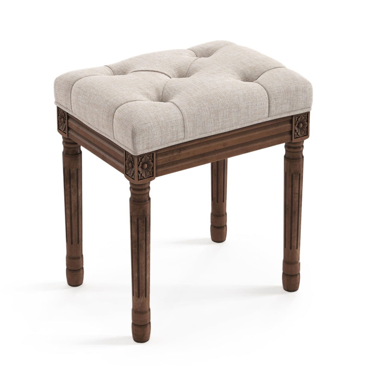 LUE BONA Upholstered Fabric Vanity Bench Seat, Makeup Stools for Vanity, Square Tufted Ottoman Bench with Carved Dark Brown Legs for Bedroom Living Room, Linen Color LUE BONA