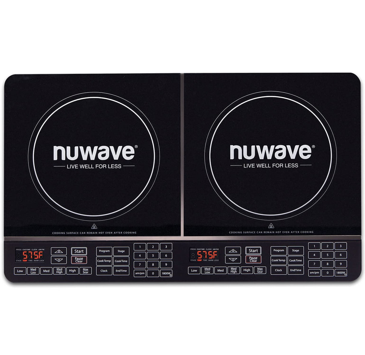 Nuwave Double Induction Cooktop, Powerful 1800W, 2 Large 8” Heating Coils, Independent Controls, 94 Temp Settings from 100°F to 575°F in 5°F Increments, 2 x 11.5” Shatter-Proof Ceramic Glass Surface Nuwave