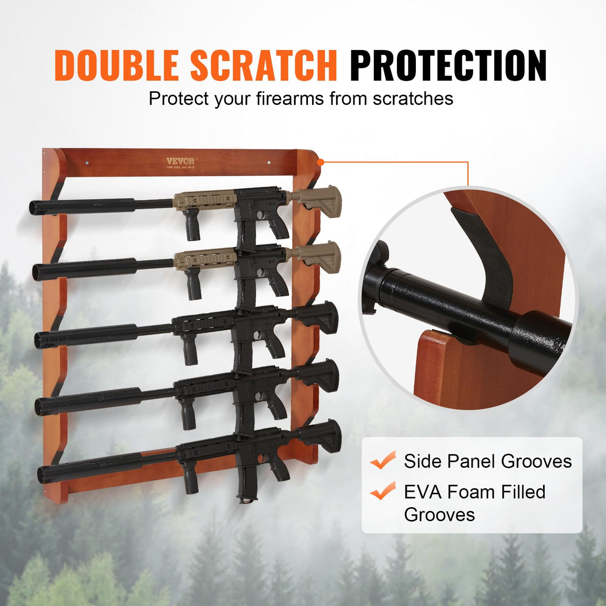 VEVOE Gun Rack, Wood Gun Rack Wall Mount, Gun Display Rack Holds 5 Rifles, Shotguns, 132 lb Heavy Duty Wall Storage Display Rifle Rack with Soft Padding VEVOR