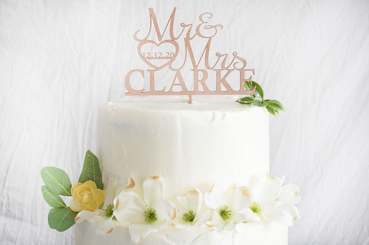 Personalized Wedding Cake Topper | Wooden Cake Topper | Mr Mrs Heart Customized Wedding Date And Last Name designLEE Studio