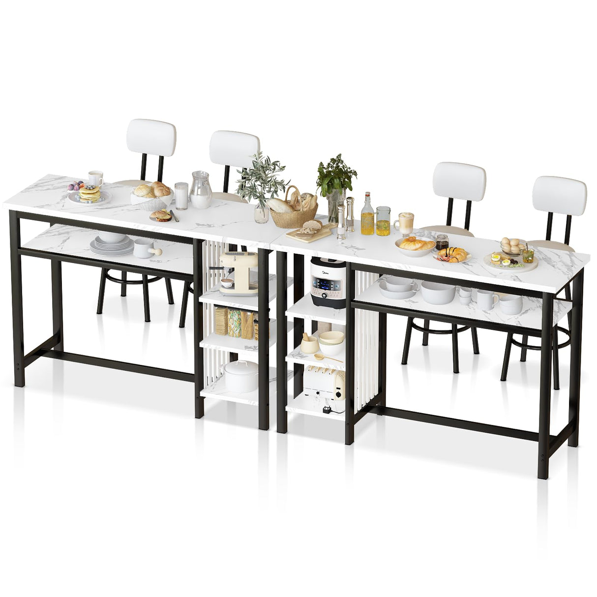 AWQM 3-Piece Bar Table and Chairs Set, Modern White Faux Marble Table with 2 PU Cushion Bar Stools, Kitchen Counter with 3 Tier Storage Shelves, Space Saving Table for Home & Kitchen, Black Frame AWQM