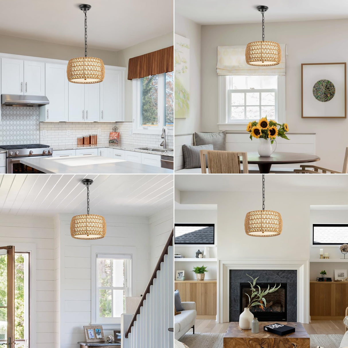 WILON 12.4'' 3-Light Rattan Chandelier with Fabric Shade, Dining Room Light Fixtures Over Table, Modern Boho Pendant Lights Kitchen Island Lighting, Farmhouse Rustic Drum Hanging Lamp with E26 Base WILON