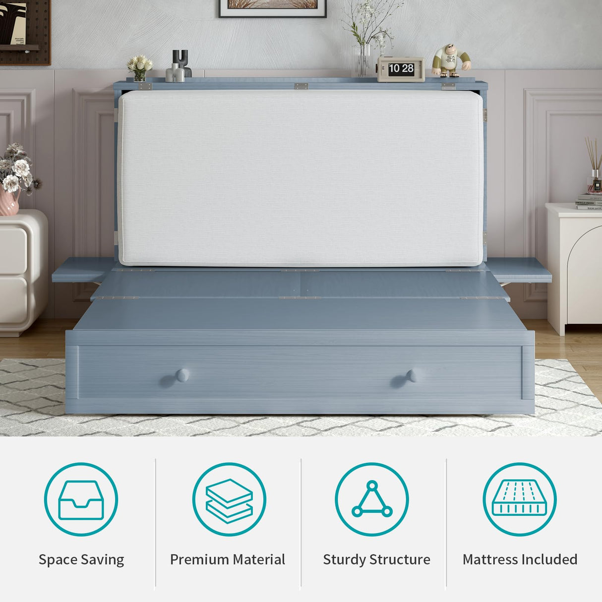 BALUS Murphy Bed Cabinet,Queen Murphy Bed with Tri-fold Mattress & USB Charging Station,Modern Wall Chest Beds with Folding Night Stand Trays and Storage Drawers for Bedroom Living Room,Grey-Blue BALUS