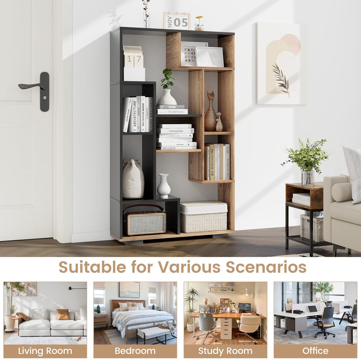 Tangkula Modern Geometric 47-Inch Bookshelf with 9 Cubes and Open Shelves for Stylish Storage Tangkula