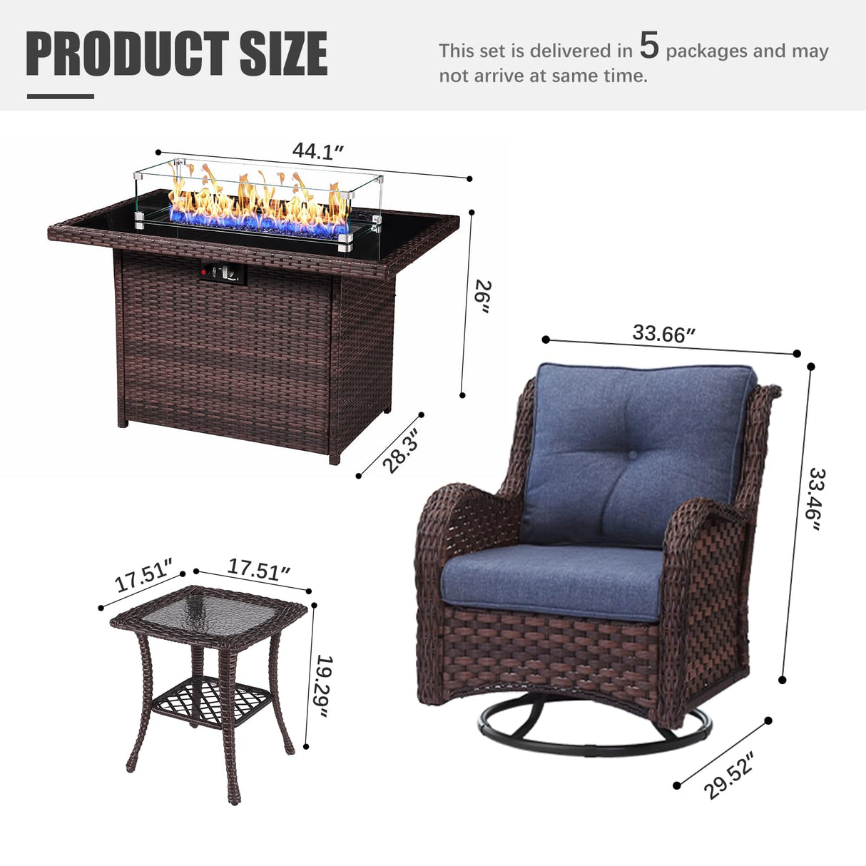 LayinSun 7 Pieces Outdoor Patio Furniture Set with Fire Pit Table, Rattan Wicker Swivel Rocker Chairs Sets with Swivel Glider Chairs and Coffee Table LayinSun