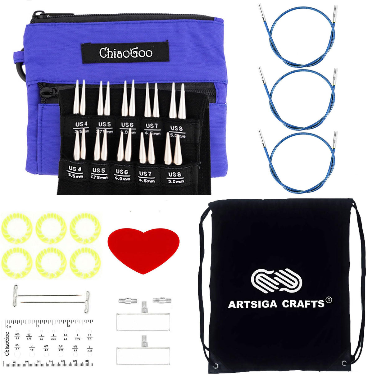 ChiaoGoo Twist Red Lace Shorties 2 & 3-Inch Large Blue 7230-S Interchangeable Knitting Needle Set, 10-Pairs Sizes US 4, 5, 6, 7, 8, Stainless Steel with 3 Cords with Project Bag ChiaoGoo