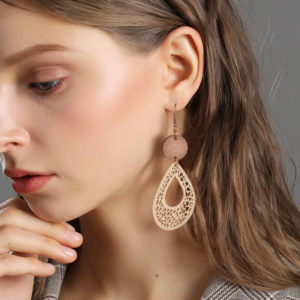 9 Pairs Boho Vintage Wooden Round Geometric Leather Earrings Retro Hollow Out Circle Earrings Big Lightweight Statement Jewelry Suitable for Women Hefanny