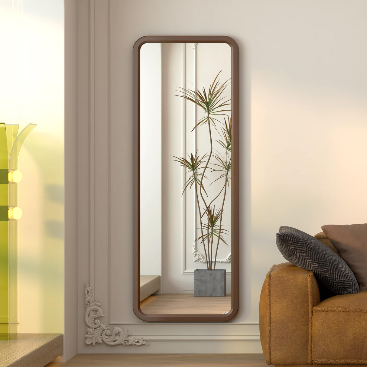 LVSOMT 63"×22" Solid Wooden Full Length Mirror, Wood Full Body Mirror, Large Standing Floor Mirror, Stand-up or Wall-Mounted, Dressing Mirror for Bedroom, Rustic Mirror, Walnut LVSOMT